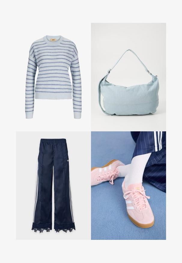 Lys blå strikket sweater med vandrette striber i en mørkere blå. Har en rund halsudskæring og ribstrikkede manchetter og kant. Blød tekstur.; Marineblå vidbenede træningsbukser med hvide sidelommer, elastisk talje, adidas-logo på hoften og blondedetalje ved kanten.; Lyserøde ruskinds sneakers med hvide striber og snørebånd, udstyret med en struktureret tunge og en gummisål, placeret på et blåt tæppe.; Lysblå denim skuldertaske i en rund form, justerbar rem og diskret syning langs den nederste kant. Blød tekstur.