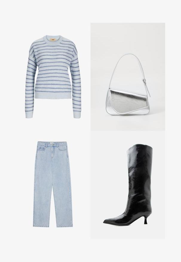 Lichtblauwe gebreide trui met horizontale strepen in donkerder blauw. Met een ronde halslijn en geribde manchetten en zoom. Zachte textuur.; Lichtblauwe, high-waisted denim jeans met een straight-leg snit, vijf zakken en zichtbare stiksels. Het materiaal heeft een klassieke wassing.; Zwarte glanzende kniehoge leren laars met puntige neus en lage gebogen hak op een effen lichte achtergrond.; Zilveren metalen handtas met een driehoekige vorm, gladde textuur en een dunne, verstelbare schouderriem. Kenmerkt zich door een omklapbaar ontwerp met stiksels.