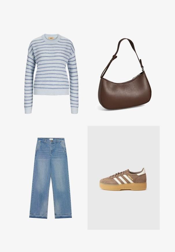 Lys blå strikket sweater med vandrette striber i en mørkere blå. Har en rund halsudskæring og ribstrikkede manchetter og kant. Blød tekstur.; Lyseblå højtaljede wide-leg jeans med knaplukning, frontlommer, bæltestropper og diskret falmet detaljer.; Brun ruskindsneaker med tre hvide striber, gylden branding og en struktureret gummisål. Rundet tå og polstret krave for komfort.; Lille brun skuldertaske i læder med justerbar rem og lynlåslukning, vist mod hvid baggrund. Ingen synligt branding eller dekorationer.