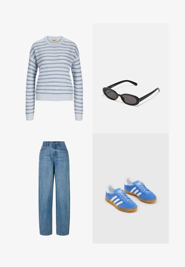 Suéter de punto azul claro con rayas horizontales en azul más oscuro. Presenta un escote redondo y puños y dobladillo acanalados. Textura suave.; Jeans de mezclilla azul claro con un diseño de pierna recta, que cuentan con cierre de botón, cinco bolsillos y un ligero desvanecimiento a lo largo de la tela.; Zapatillas deportivas azules de ante con acentos de rayas blancas, suela de goma y cuello acolchado para mayor comodidad. Presenta un diseño clásico de cordones.; Even&Odd by Zalando Gafas de sol - black