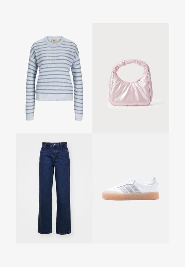 Lys blå strikket sweater med vandrette striber i en mørkere blå. Har en rund halsudskæring og ribstrikkede manchetter og kant. Blød tekstur.; Mørkeblå, højtaljede bukser med vide ben, fem lommer, metalknaplukning og subtil fading. Fremstillet af denimstof.; Hvid lavtop-sneaker med gum-gummisål, sølvstribede sideaccents og snørelukning, vist mod en ensfarvet lys baggrund.; Rosa, polstret håndtaske med afrundet design, lavet af skinnende materiale. Har et samlet håndtag og en lynlås til sikker adgang.