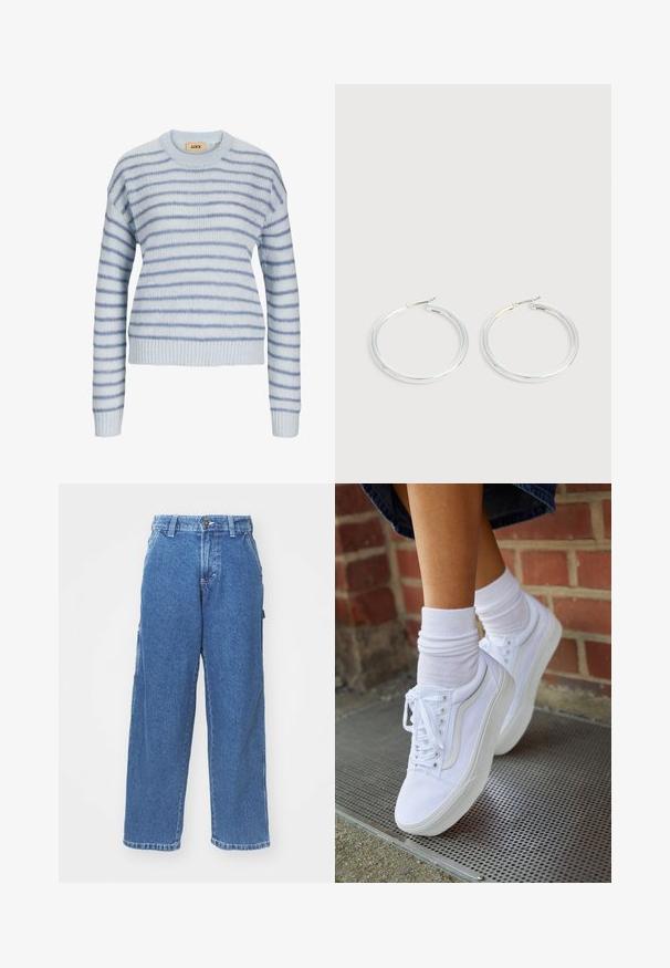 Lys blå strikket sweater med vandrette striber i en mørkere blå. Har en rund halsudskæring og ribstrikkede manchetter og kant. Blød tekstur.; Blå denim wide-leg bukser med høj talje, knaplukning og sidelommer. Bleget vask med en blød tekstur og lige snit.; Hvide lærreds sneakers med gummisåler, der har seks snørehuller, rund tå og let sømdetaljer, krydret med hvide ankelstrømper.; Par skinnende sølvøreringe med tynde trådlåse, vist på en lys grå baggrund.