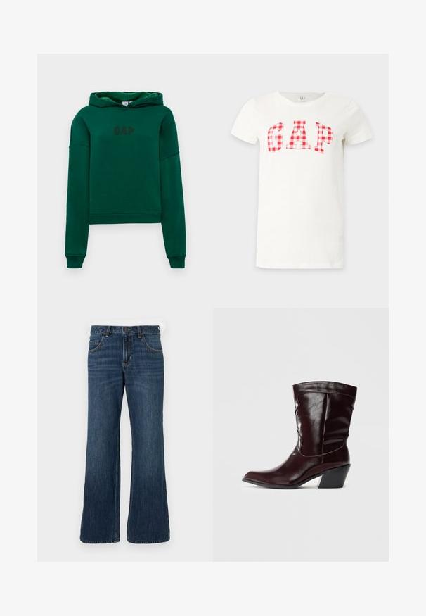 Grøn hoodie med en kængurulomme, ribbede manchetter og kant. Har "GAP" logo i mørkebrun på forsiden. Blød stoftekstur.; Hvid T-shirt med korte ærmer med rød og hvid ternet mønster, der danner teksten GAP på brystet.; Mørkeblå jeans med vide ben og klassisk design med fem lommer, der har knaplukning og diskret falming. Fremstillet af denimstof.; Bordeaux læder ankelstøvler med spids tå, tekstureret overflade og en lav, taperet hæl. Har diskrete søm og en tætsiddende pasform.