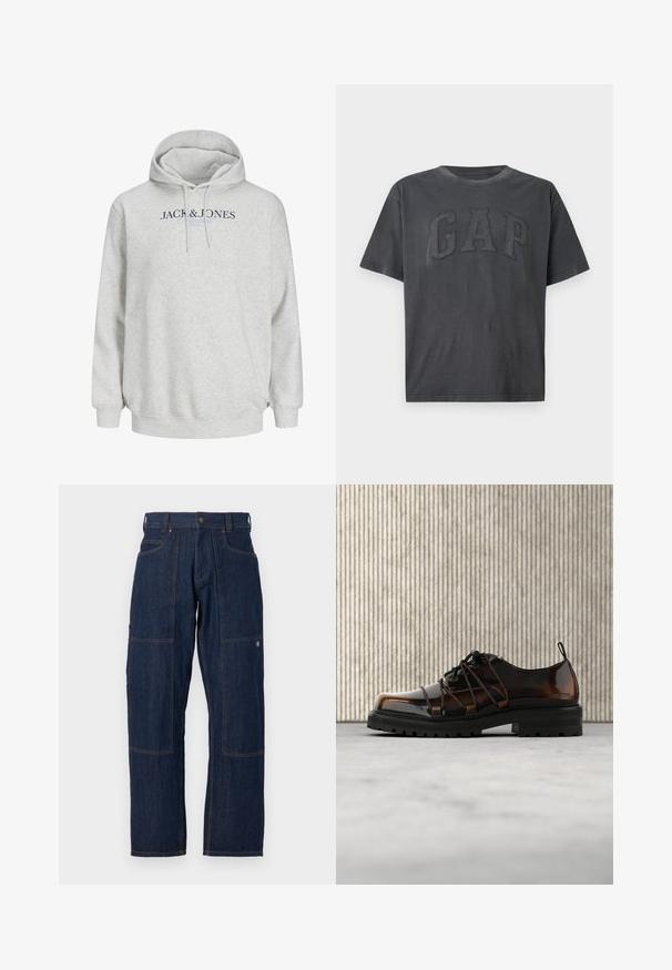 Lys grå hættetrøje med snore og "JACK & JONES" trykt hen over brystet i mørkeblå og lyseblå tekst.; Mørkegrå T-shirt med korte ærmer og stort tekstureret GAP-logo syet henover brystet på en ensfarvet baggrund.; Mørkeblå denim arbejdstrusser med forstærkede knælapper, forlommer, bæltestropper og en knaplukning ved taljen.; Blank brun lædersko med tyk sort sål og unik snøring, placeret på beige tæppe nær rundet orange møbel.