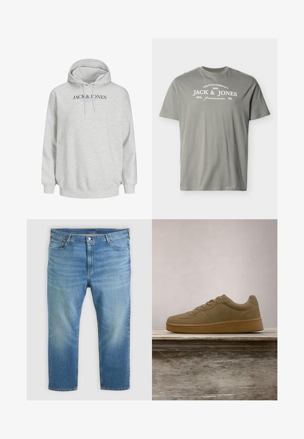 Lys grå hættetrøje med snore og "JACK & JONES" trykt hen over brystet i mørkeblå og lyseblå tekst.; Lysegrå T-shirt med korte ærmer og hvid tekst "Creative Community 1990 Jack & Jones Reg. premium TM" på brystet.; Lyseblå denimjeans med fem lommer, knaplukning og falmede detaljer på lårene og knæene, lagt fladt på en hvid baggrund.; Olivengrøn sneaker med snørebånd, der svæver over en træbænk, med sløret grønt løv i baggrunden.
