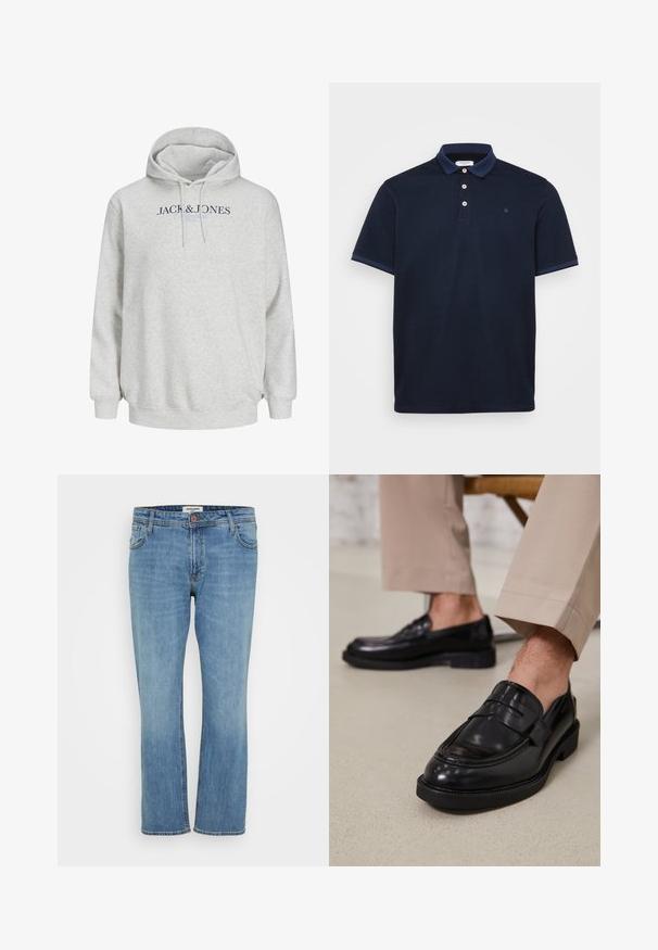 Lys grå hættetrøje med snore og "JACK & JONES" trykt hen over brystet i mørkeblå og lyseblå tekst.; Marineblå polo shirt lavet af blødt stof, med klassisk krave, tre-knap lukning og kontraststribede detaljer på ærmerne.; Blå straight-leg denim jeans med knap- og lynlås, for- og baglommer samt synlig syning på hvid baggrund.; Sorte lædermokkasiner med en glat overflade, der har en dekorativ rem og kontraststing, parret med beige bukser.