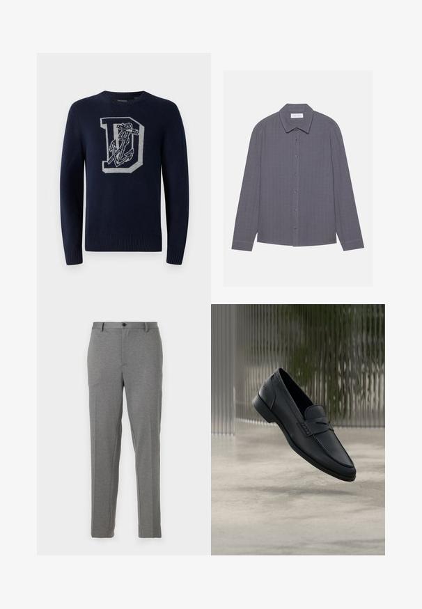 Pull en maille bleu marine avec un col rond, affichant un grand 'D' gris et un motif d'ancre sur le devant, avec des poignets et un ourlet côtelés.; Chemise grise à manches longues avec un design à patte de boutonnage, tissu texturé, col pointu et détails à motifs verticaux. Six boutons sur le devant.; Pantalons gris ajustés avec une texture lisse, un léger motif, une fermeture éclair et un bouton, dotés de poches avant et de jambes fuselées.; Mocassin en cuir noir à finition lisse, bout pointu et détails cousus sur le dessus. Talon bas et design minimaliste.