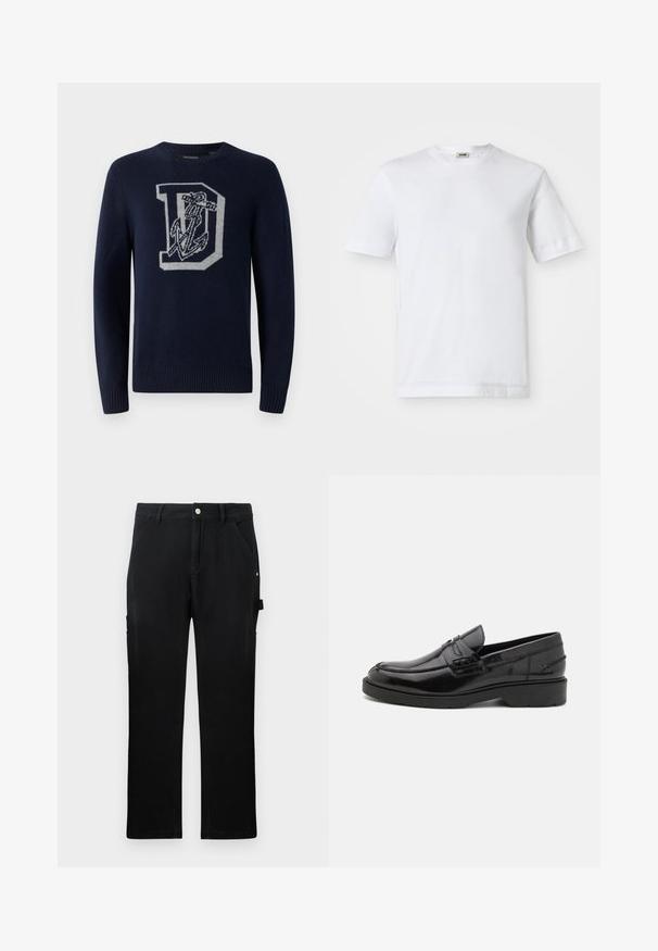 Marineblauwe gebreide trui met een ronde hals, voorzien van een groot grijs 'D' en ankermotief aan de voorkant, ribgebreide manchetten en zoom.; Witte katoenen t-shirt met korte mouwen, ronde hals en een soepele textuur. Geen patronen of accenten zichtbaar.; Zwarte rechte werkbroek met voorzakken, riemlussen, knoopsluiting en zijgereedschapslus op een effen achtergrond.; Zwarte leren instappers met een gladde afwerking, ronde neus, lage hak en decoratieve stiksels aan de voorkant. Rubberen buitenzool voor grip.