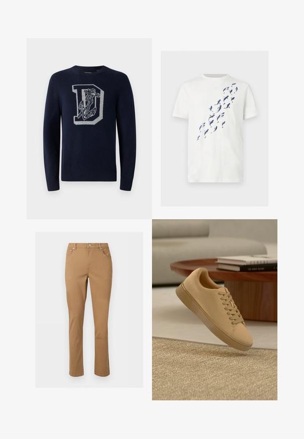 Pull en maille bleu marine avec un col rond, affichant un grand 'D' gris et un motif d'ancre sur le devant, avec des poignets et un ourlet côtelés.; T-shirt blanc à manches courtes avec un motif diagonal de poissons koi bleus nageant du bas gauche vers le haut droit.; Pantalon marron à jambes droites avec poches avant, passants ceinture, fermeture éclair et bouton sur un fond clair uni.; Baskets beiges à lacets flottant au-dessus d'un tapis texturé avec une table basse en bois et des livres empilés en arrière-plan flou.