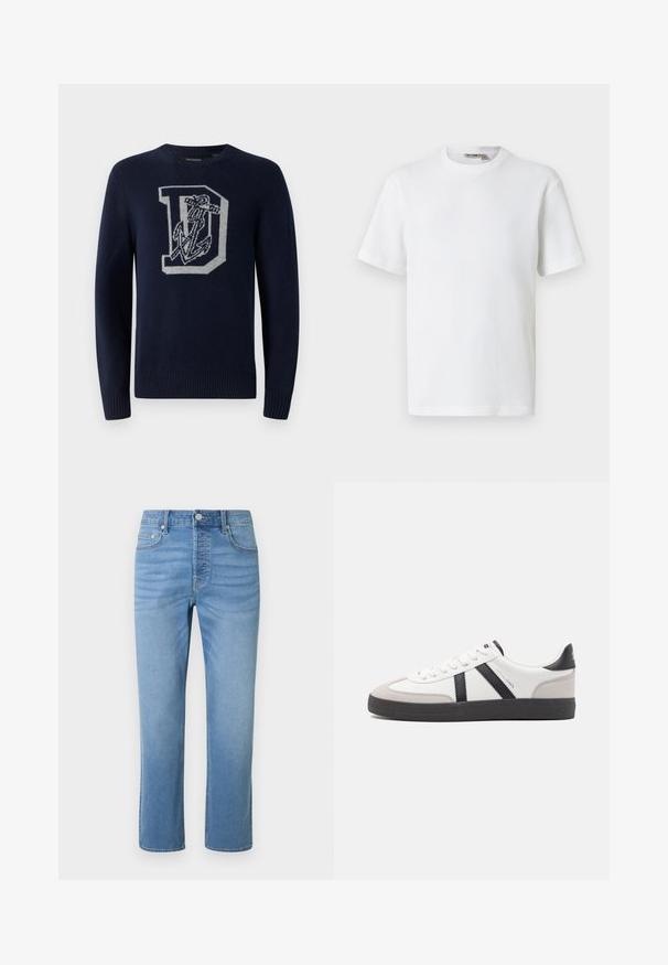 Mørkeblå strikket sweater med rund hals, prydet med et stort gråt 'D' samt anker mønster på fronten, og ribbede manchetter og kant.; Hvid kortærmet t-shirt i vaffelmønster med rund hals og et lille mærke med brandnavn inde i kraven, vist på en ensfarvet baggrund.; Lyseblå denimjeans med lige ben, forlommer, bæltestropper, knaplukning og diskret falmen omkring hofter og lår.; Hvide sneakers med sorte og grå detaljer, med en tekstureret grå tåhætte, sort gummisål og flade hvide snørebånd. Rent design, minimalistisk stil.