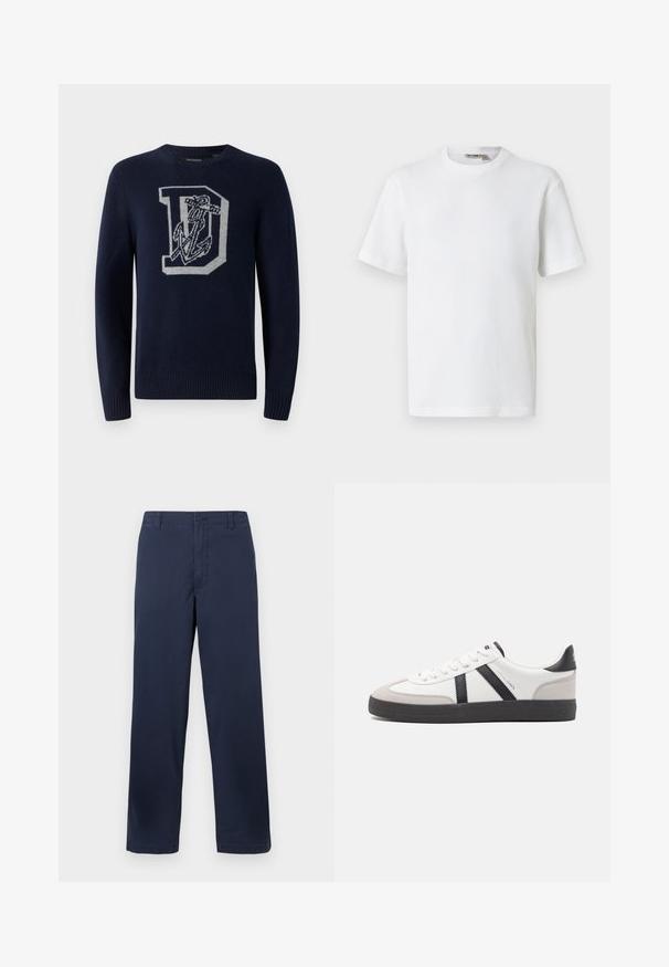 Mørkeblå strikket sweater med rund hals, prydet med et stort gråt 'D' samt anker mønster på fronten, og ribbede manchetter og kant.; Hvid kortærmet t-shirt i vaffelmønster med rund hals og et lille mærke med brandnavn inde i kraven, vist på en ensfarvet baggrund.; Mørkeblå bomuldsbukser med lige ben-design, der har en frontlukning med knap, bæltestropper og en glat tekstur.; Hvide sneakers med sorte og grå detaljer, med en tekstureret grå tåhætte, sort gummisål og flade hvide snørebånd. Rent design, minimalistisk stil.
