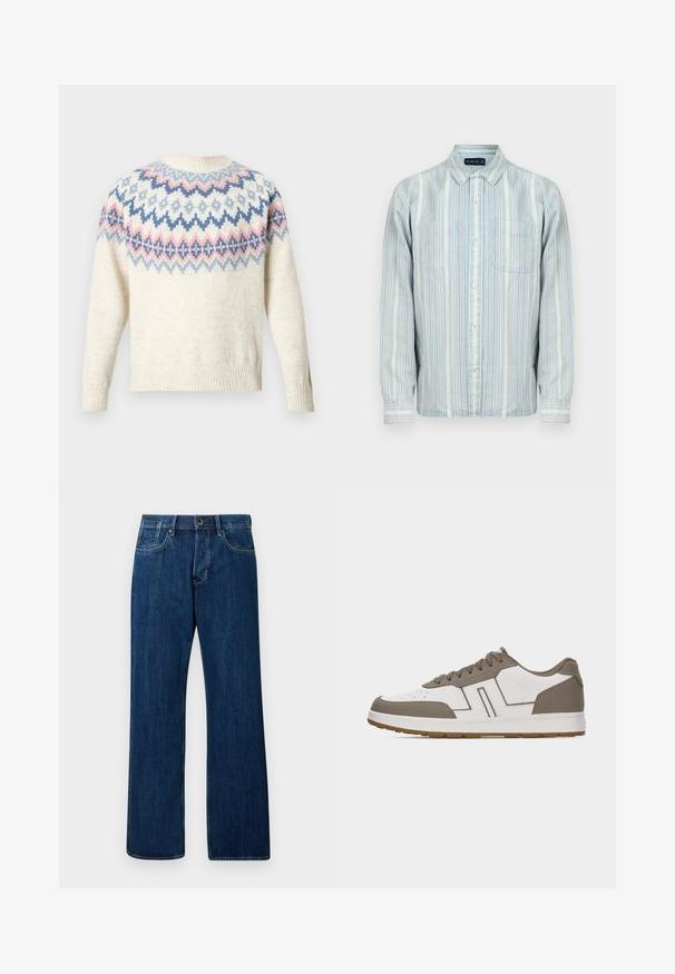 Pull crème à col rond et manches longues, avec un motif coloré composé de dessins géométriques bleus, roses et blancs. Poignets et ourlet côtelés.; Chemise bleu clair à manches longues avec boutons, rayures verticales blanches et bleu marine, une poche avant et un col classique.; Jeans en denim bleu foncé, coupe droite, taille mi-haute, style classique à cinq poches, avec un léger délavage, présentant une fermeture à bouton en métal.; Baskets basses blanches et taupe avec embout perforé, fermeture à lacets et semelle en gomme, vues de côté extérieur sur fond uni.