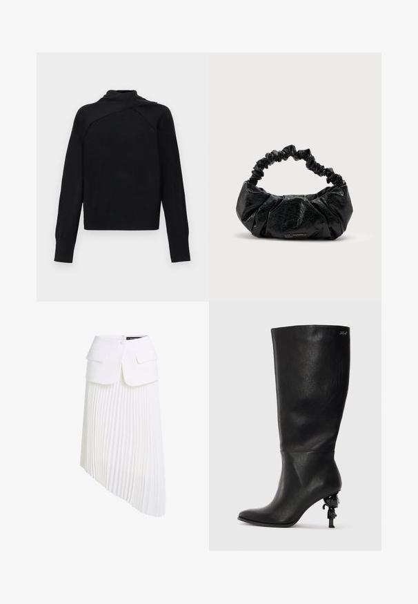 Pull noir à manches longues avec un col haut asymétrique plié et des poignets et ourlet côtelés sur fond blanc.; Jupe plissée blanche avec un ourlet asymétrique, dotée d'une taille structurée, de deux poches avant et d'une texture de tissu lisse.; Botte noire à mi-mollet en cuir lisse. Elle possède un bout pointu et un talon sculptural distinctif avec un accent décoratif.; Sac à main en cuir noir texturé avec poignée élastique froncée et logo subtil "Karl Lagerfeld Jeans" en bas au centre à l'avant.