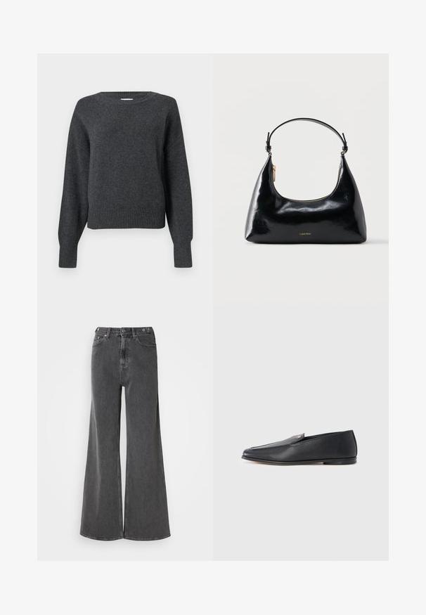 Pull en tricot gris foncé avec encolure ronde, épaules tombantes, et poignets et ourlet côtelés. Texture douce et coupe légèrement courte.; Jean large en denim noir délavé, avec une taille haute, deux poches avant et des fermetures à bouton en métal. Texture lisse, détails minimes.; Mocassins en cuir noir à texture lisse, bout arrondi et détails de couture subtils. Ils présentent un accent logo doré sur le côté supérieur.; Sac à main Calvin Klein noir brillant avec fermeture éclair dorée et anse courte sur fond blanc uni.