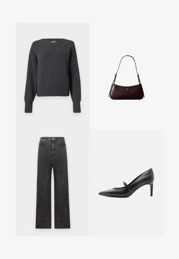 Pull en tricot gris foncé avec encolure ronde, épaules tombantes, et poignets et ourlet côtelés. Texture douce et coupe légèrement courte.; Pantalons en denim noirs à jambe large avec une taille haute, dotés de poches avant, d'une fermeture boutonnée et d'une texture légèrement délavée.; Escarpin noir en cuir à bout pointu avec une fine bride et une boucle sur le cou-de-pied, posé sur un fond clair neutre.; Sac à main en cuir bordeaux foncé avec une fine sangle d'épaule noire et un petit logo doré "cK" au centre devant.
