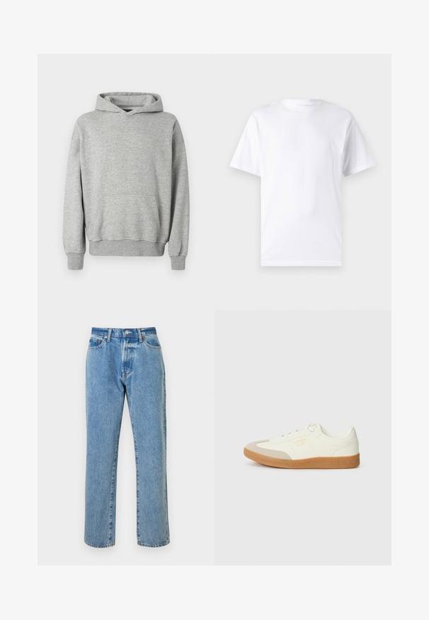 Γκρι hoodie με καγκουρό τσέπη, ριμπ μανσέτες και στρίφωμα, κατασκευασμένο από μαλακό, υφαντό ύφασμα, με άνετη εφαρμογή.; Λευκό κοντομάνικο μπλουζάκι από βαμβάκι με στρογγυλή λαιμόκοψη, διαθέτοντας λεία υφή και απλό σχέδιο χωρίς μοτίβα ή διακοσμήσεις.; Ανοιχτό μπλε τζιν παντελόνι με ίσια γραμμή, που διαθέτει πέντε τσέπες, φερμουάρ και χάλκινες λεπτομέρειες. Φθαρμένες λεπτομέρειες σε όλη τους την επιφάνεια.; Αθλητικά παπούτσια από λευκό δέρμα με μπεζ κάλυμμα δαχτύλων και ανοιχτό καφέ καουτσούκ σόλα. Έχουν επίπεδες λευκές κορδόνες και ανάγλυφο λογότυπο στο πλάι.