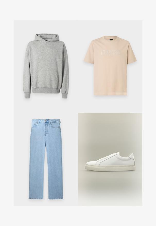 Γκρι hoodie με καγκουρό τσέπη, ριμπ μανσέτες και στρίφωμα, κατασκευασμένο από μαλακό, υφαντό ύφασμα, με άνετη εφαρμογή.; Μπεζ κοντομάνικο μπλουζάκι με στρογγυλή λαιμόκοψη και λευκό κείμενο “JACK & JONES PREMIUM EST. 1990” στο κέντρο του στήθους.; Φωτεινά γαλάζια τζιν ψηλόμεσα με ίσια πόδια, μπροστινό κούμπωμα με κουμπιά, φερμουάρ και σχεδιασμό πέντε τσεπών σε λευκό φόντο.; Λευκό sneaker χαμηλού τύπου με κορδόνια μπροστά και χοντρή σόλα, εμφανίζεται από το πλάι σε ουδέτερο φόντο.
