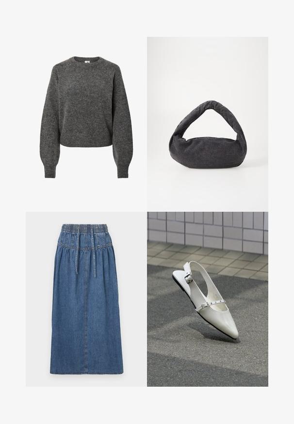 Mørkegrå uld langærmet sweater med rund hals og let ballonformede ærmer, strikket tekstur samt ribbede manchetter og kant.; Denim midi-nederdel med elastisk talje, snørejustering og lige silhuet. Blå farve med subtil tekstur og syningsdetaljer.; Hvid spids slingback flad sko med to sølvspænder, vist udendørs på tekstureret underlag og flisebelagt væg baggrund.; Mørkegrå stofpose med et buet håndtag, blød tekstur og rund form. Ingen synligt hardware eller pynt.
