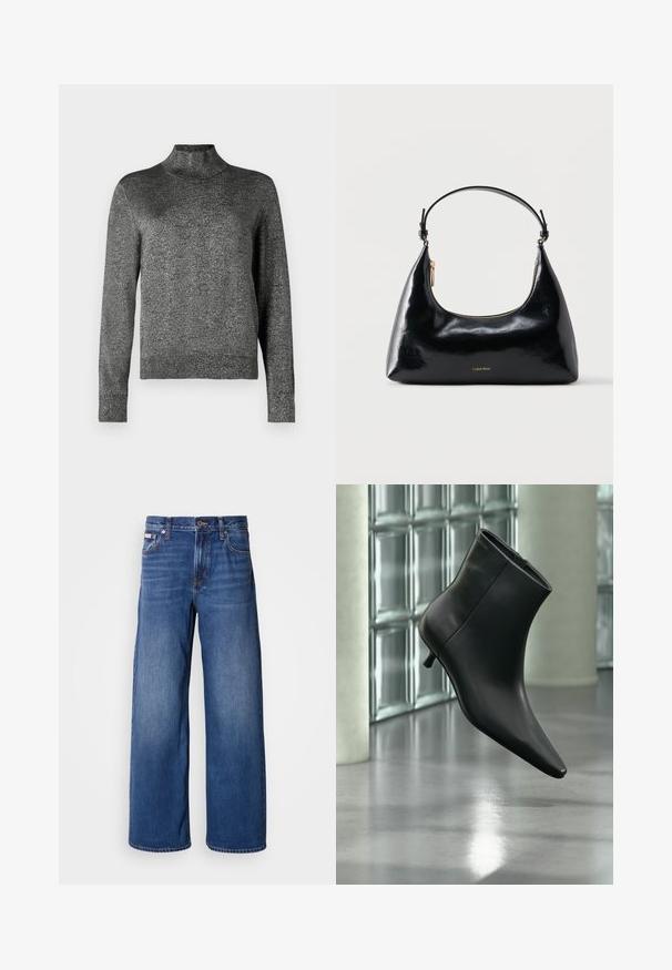 Pull noir à manches longues avec un col montant, fabriqué dans un tissu doux et texturé présentant un léger éclat. Design classique ajusté.; Jeans en denim à jambes larges de couleur bleu foncé, avec une taille haute, cinq poches et un dégradé subtil sur l'avant pour plus de texture et de détails.; Bottine en cuir noir à bout pointu et petit talon kitten, présentée en angle devant un sol poli et un mur en blocs de verre.; Sac à main Calvin Klein noir brillant avec fermeture éclair dorée et anse courte sur fond blanc uni.