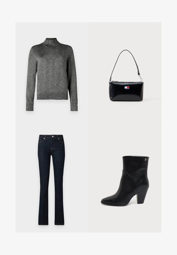 Pull noir à manches longues avec un col montant, fabriqué dans un tissu doux et texturé présentant un léger éclat. Design classique ajusté.; Jean droit bleu nuit en denim, avec des coutures orange, une fermeture à bouton à l'avant et deux poches arrière.; Bottine en cuir noir à bout pointu, talon carré et petit logo doré près du bord supérieur sur le côté extérieur.; Sac à bandoulière rectangulaire noir avec une courte sangle et le logo Tommy Jeans en rouge, blanc et bleu au centre avant.