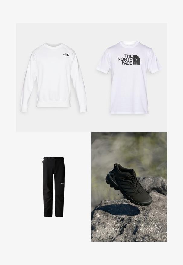 Sweatshirt blanc avec un col ras du cou, de longues manches raglan, des poignets et un ourlet côtelés, avec un petit logo noir sur le coin supérieur gauche de la poitrine.; T-shirt en coton blanc avec un logo noir "THE NORTH FACE" et un élément de design incurvé. Manches courtes et col rond.; Pantalons d'extérieur noirs au design épuré, fabriqués à partir d'un tissu léger et durable. Comprend une ceinture, des poches latérales et un logo sur la cuisse.; Chaussure de trail running noire avec une semelle robuste flottant au-dessus d'une surface rocheuse, des particules de terre visibles dans un cadre extérieur.