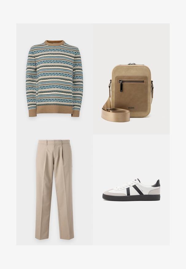 Suéter de punto con un patrón geométrico en azul, beige y crema, cuello y puños acanalados, diseño de corte recto.; Pantalones beige a medida con presillas para cinturón, pinzas delanteras y piernas rectas, exhibidos sobre un fondo blanco.; Zapatilla blanca con acentos en negro y gris, que presenta una puntera texturizada en gris, suela de goma negra y cordones planos blancos. Diseño limpio, estilo minimalista.; Bolso pequeño beige tipo bandolera con bolsillo frontal con cremallera, logo metálico de ALDO, correa ancha ajustable y forma rectangular redondeada sobre fondo blanco.