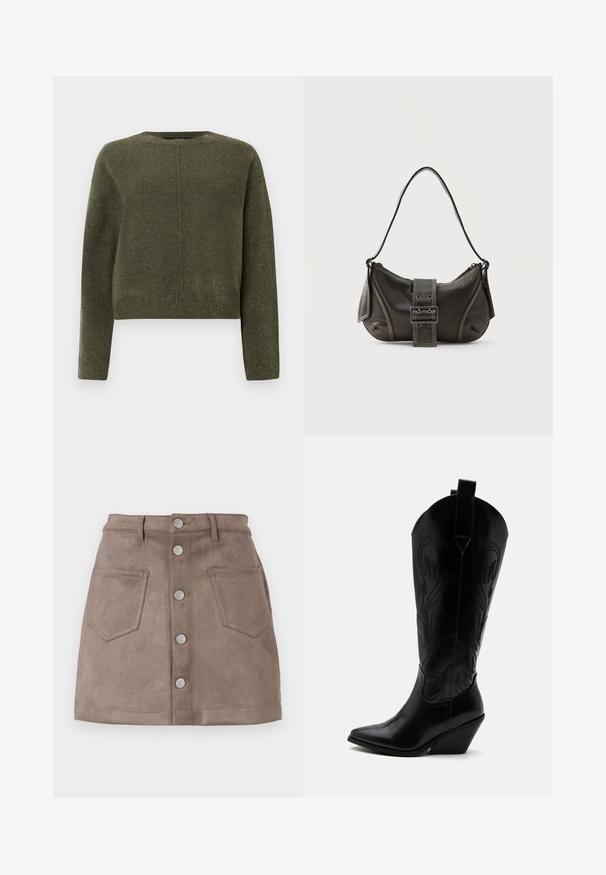 Pull cropped vert olive en matériau tricoté doux. Dispose de manches longues et d'un col rond avec un subtil détail de couture centrale.; Mini-jupe en suède marron avec une fermeture à boutons à l'avant et deux poches latérales. Elle présente une coupe ajustée et de simples détails de couture.; Botte de cowboy en cuir noir avec bout pointu, talon bloc incliné, couture décorative et languettes en haut sur fond blanc.; Sac à épaule en cuir noir avec une sangle à boucle, des bords arrondis et des coutures blanches contrastées sur un fond uni.