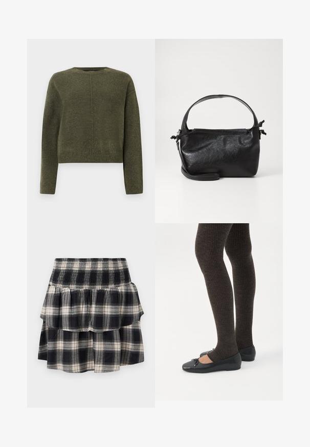 Pull cropped vert olive en matériau tricoté doux. Dispose de manches longues et d'un col rond avec un subtil détail de couture centrale.; Jupe à volants à carreaux noir et blanc avec taille smockée. Avec des couches froncées et une texture douce en coton.; Jambes portant des leggings côtelés foncés associés à des ballerines noires avec de petits détails en nœud sur fond blanc.; Sac à main en cuir noir au design structuré, avec une poignée arrondie et une bandoulière amovible. Présente une texture lisse et un éclat subtil.