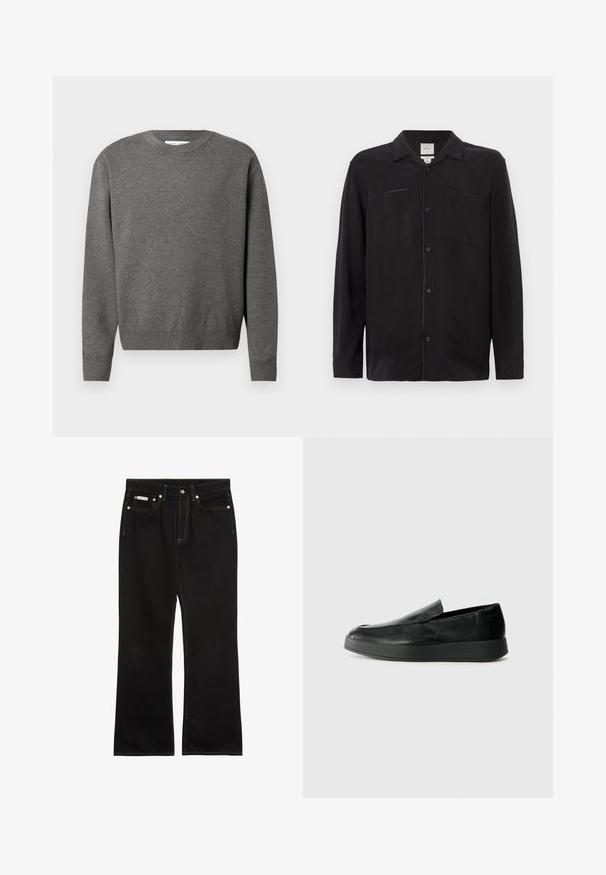 Pull en gris à col rond fabriqué en tissu tricoté doux. Dispose de manches longues et de poignets et d'un ourlet côtelés. Design minimaliste sans logos visibles.; Chemise noire à manches longues en tissu léger, dotée d'un col cranté, de boutons sur le devant et de deux poches poitrine.; Jean noir droit avec coutures orange, cinq poches, fermeture par bouton, et une petite étiquette Calvin Klein sur la poche avant droite.; Calvin Klein HYBRID CUP - Chaussons - triple black