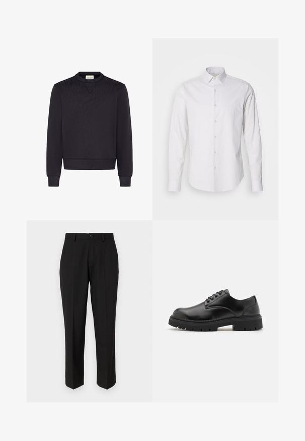 Sweatshirt noir à manches longues, encolure ronde, poignets et ourlet côtelés, fabriqué dans un tissu doux avec une texture subtile.; Chemise blanche à manches longues avec un col pointu, fermeture à boutons à l'avant, en tissu lisse. Présente une texture légèrement rayée.; Pantalon noir en tissu lisse, présentant une coupe droite, des poches avant, un bouton simple de fermeture et sans motifs visibles.; Chaussures en cuir noir avec un bout rond, un laçage et une semelle en caoutchouc épaisse et texturée. Présente des coutures le long du bord et une finition lisse.