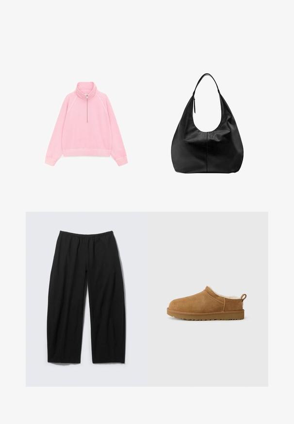 Pull rose à manches longues avec col montant et demi-fermeture éclair sur le devant, en tissu doux, présenté à plat sur fond blanc.; Pantalon noir ample avec taille élastique et jambes larges et droites, présenté à plat sur un fond clair.; Chaussure mocassin en suède marron avec une douillette doublure en fourrure blanche, semelle plate en caoutchouc, bout arrondi et petite languette au talon.; Sac à main hobo décontracté en cuir noir avec une seule bandoulière large et un détail de tirette de fermeture éclair sur fond blanc uni.