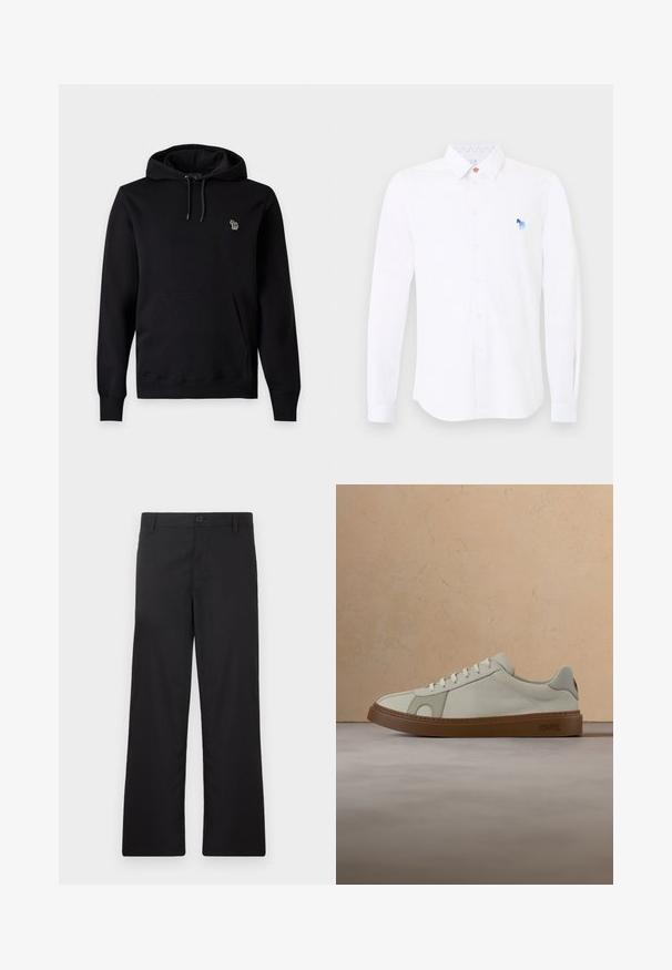 Sweat à capuche noir à enfiler avec poche kangourou à l'avant, cordon de serrage ajustable à la capuche et petit logo brodé coloré sur la poitrine gauche.; Chemise blanche à manches longues avec col et petit logo de cheval bleu brodé sur le côté gauche de la poitrine.; Pantalon noir à coupe droite, fabriqué en tissu lisse. Doté d'une fermeture à boutons sur le devant et sans motifs ni accents visibles.; La sneaker présente une tige en cuir crème, des coutures légères et une semelle en caoutchouc marron. Elle a un bout arrondi et un design classique à lacets.