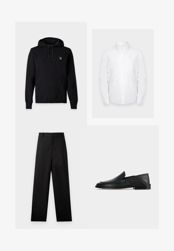 Sweat à capuche noir à enfiler avec poche kangourou à l'avant, cordon de serrage ajustable à la capuche et petit logo brodé coloré sur la poitrine gauche.; Chemise blanche à manches longues avec col pointu et poche poitrine, présentée sur un fond gris clair uni.; Pantalons noirs en coton avec une coupe droite, dotés d'une fermeture à bouton à l'avant et de poches latérales. Texture lisse, sans motifs.; Mocassin en cuir noir sans lacets avec petit talon et bout arrondi, présenté sur un fond blanc uni.