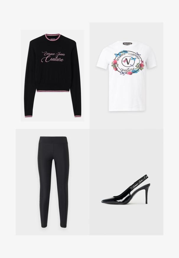 Jersey negro con la inscripción "Versace Jeans Couture" en cursiva rosa. Cuello redondo y dobladillo acanalados con acentos a rayas en rosa y púrpura. Mangas largas.; Camiseta blanca de Versace Jeans Couture con logo circular negro, rosas rosas y mariposas azules y rosas en la parte delantera.; Leggings negros ajustados de talle alto con una textura suave, diseño de pierna recta y sin patrones ni adornos visibles.; Zapato de tacón slingback de charol negro con diseño de punta afilada, que presenta una sección cortada y una banda elástica grabada con el nombre de la marca.