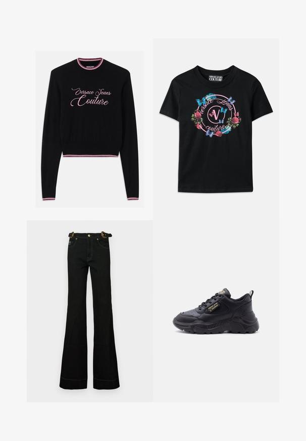 Čierny sveter s nápisom "Versace Jeans Couture" v ružovom kurzíve. Hladký okrúhly výstrih a lem s ružovými a fialovými pruhmi. Dlhé rukávy.; Čierne tričko s farebnou kvetinovou a motýľovou grafikou, so ružovými a modrými akcentmi. Nápis "Versace Jeans Couture" vytlačený v kruhovom dizajne.; Čierne rozšírené džínsy s vysokým pásom, s textúrovaným opaskom, zlatými detailmi a kontrastným bielym prešívaním pozdĺž švov.; Čierna robustná teniska s hrubou podrážkou, viazaná šnúrkami vpredu, so záložkou na päte a zlatým logom "Versace Jeans Couture" na boku.