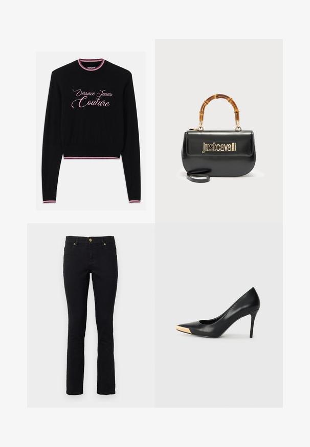 Jersey negro con la inscripción "Versace Jeans Couture" en cursiva rosa. Cuello redondo y dobladillo acanalados con acentos a rayas en rosa y púrpura. Mangas largas.; Jeans de mezclilla negros con corte recto, diseño de cinco bolsillos, cierre de botón y acentos de hardware en tono dorado. Textura suave con un detalle mínimo.; Zapato de tacón alto de cuero negro con puntera afilada; presenta un detalle metálico dorado en la tapa del tacón. Superficie lisa con un diseño elegante.; Bolso de cuero negro con el logo dorado "Just Cavalli" en el frente y asa curvada de bambú, con una correa larga desmontable.