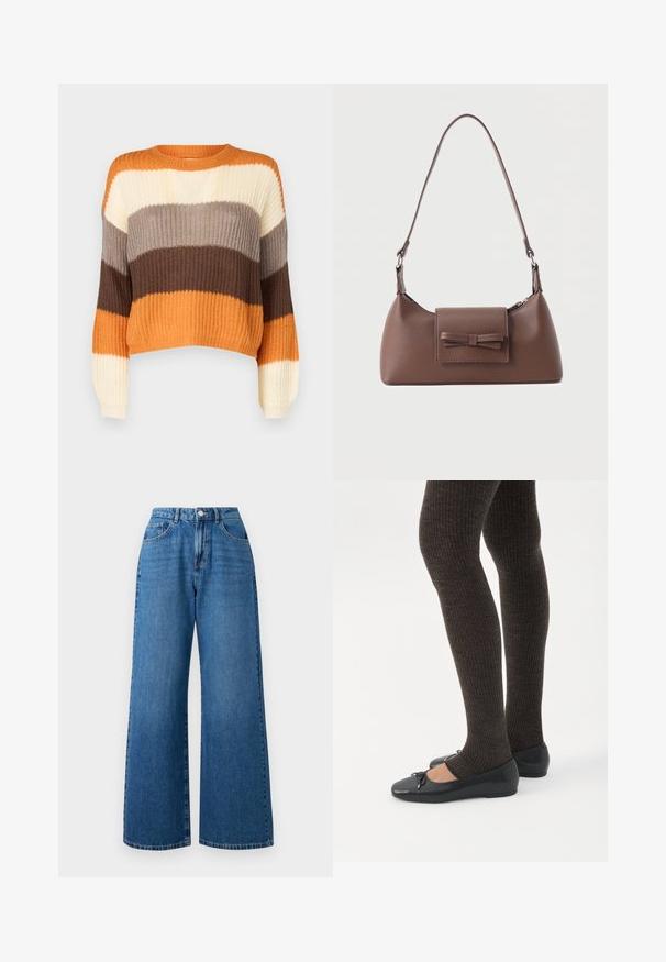 JDY JDYBADUT PULLOVER - Pullover - golden ochre; Jean en denim bleu à jambes larges avec une taille haute, présentant un design à cinq poches, une fermeture à bouton à l'avant et un délavage subtil sur le tissu.; Jambes portant des leggings côtelés foncés associés à des ballerines noires avec de petits détails en nœud sur fond blanc.; Sac à bandoulière en cuir marron avec une poche à rabat avant ornée d'un détail en forme de nœud cousu et une sangle réglable.