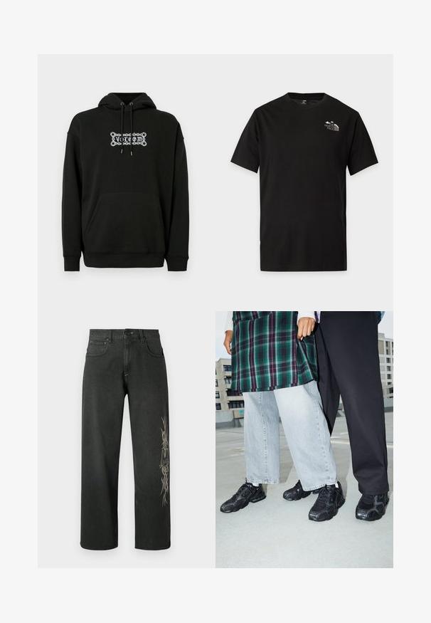 Hoodie noir avec une poche avant, capuche ajustable à cordon, et design graphique en texte blanc. Fabriqué en tissu doux et texturé.; T-shirt noir à manches courtes et col rond avec un petit logo blanc The North Face sur la partie supérieure gauche de la poitrine.; Jean denim noir à jambes larges avec un motif graphique latéral en gris clair. Style standard à cinq poches avec fermeture par bouton et passants pour ceinture.; Baskets de sport noires avec des accents en mesh et en caoutchouc. Portées avec un jean large gris clair et un haut à carreaux vert. Fond à surface plane.