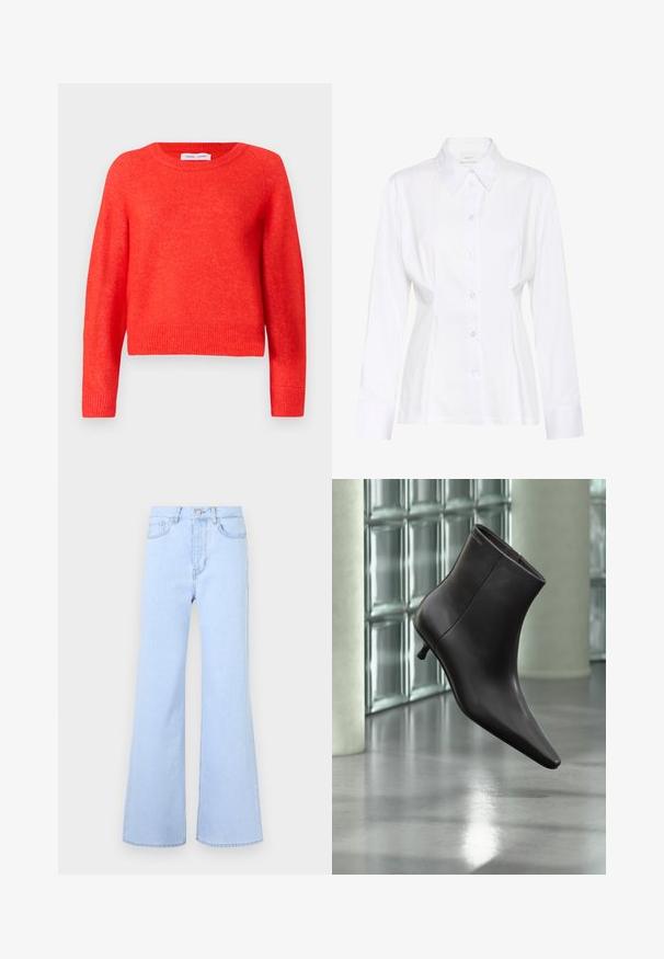 Suéter corto rojo hecho de material suave. Cuello redondo, mangas largas y detalles de ribete en el dobladillo. Superficie ligeramente texturizada.; Blusa blanca de manga larga con botones, cuello puntiagudo, cintura ajustada y etiqueta visible de la marca "Gestuz" en el interior del cuello.; Vaqueros acampanados de color azul claro con cintura alta, que cuentan con cinco bolsillos, cierre de botón y una textura suave de mezclilla. El borde está limpiamente cosido.; Bota de cuero negro para el tobillo con puntera puntiaguda y tacón pequeño, exhibida frente a una pared de bloques de vidrio y un suelo pulido.
