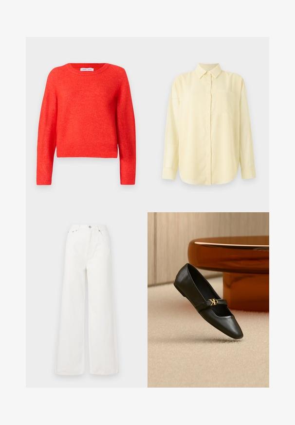 Suéter corto rojo hecho de material suave. Cuello redondo, mangas largas y detalles de ribete en el dobladillo. Superficie ligeramente texturizada.; Camisa de manga larga amarilla con cuello, botones en la parte delantera y un bolsillo parche en el lado izquierdo, hecha de material suave y ligero.; Jeans de mezclilla de cintura alta y pierna ancha en color blanco. Cuenta con bolsillos delanteros, un cierre de botón y detalles de dobladillo deshilachado.; Zapato plano de cuero negro con puntera puntiaguda y logo dorado de CK en la correa, colocado sobre una alfombra beige cerca de una mesa redonda marrón ámbar.