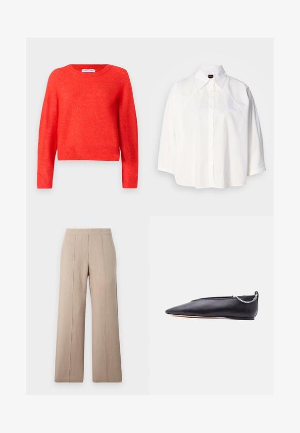 Pull rouge, court, en matière douce. Encolure ronde, manches longues et détails côtelés au niveau de l'ourlet. Surface légèrement texturée.; Chemise blanche à manches courtes avec un col classique, une patte de boutonnage avant et un ourlet arrondi. Présente une texture lisse et des détails de couture subtils.; Pantalons larges beige en tissu léger, avec des plis à l'avant, une ceinture lisse et une coupe droite aux ourlets nets.; Chaussure plate noire en cuir pointue avec un petit talon et un détail de chaîne argentée à l'arrière sur un fond uni.