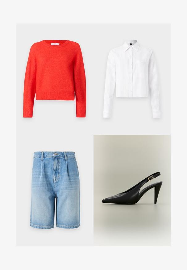 Pull rouge, court, en matière douce. Encolure ronde, manches longues et détails côtelés au niveau de l'ourlet. Surface légèrement texturée.; Chemise courte blanche à boutons avec des rayures verticales bleu clair, manches longues, poche poitrine unique et col classique. Tissu en mélange de coton.; Shorts en denim bleu clair avec une coupe décontractée, dotés d'une fermeture à bouton, de deux poches avant et d'un ourlet droit. Texture délavée sur l'ensemble.; Escarpin à bride arrière en cuir noir avec bout pointu, boucle dorée et talon effilé sur un fond neutre.