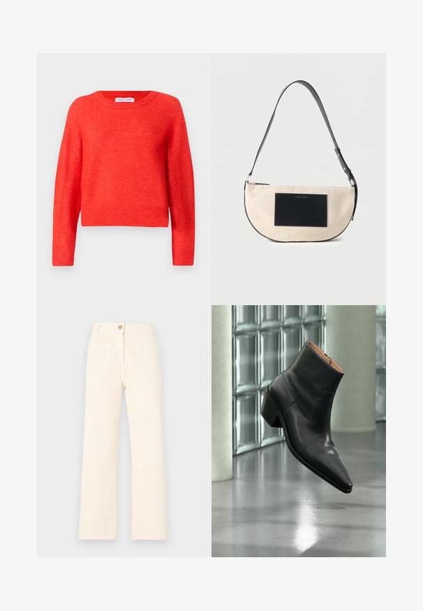 Suéter corto rojo hecho de material suave. Cuello redondo, mangas largas y detalles de ribete en el dobladillo. Superficie ligeramente texturizada.; Pantalones de pierna ancha en color beige, hechos de algodón, con cierre delantero de botón y dos grandes bolsillos traseros. Textura suave y dobladillo acabado.; Botín de piel negra con puntera puntiaguda y tacón cuadrado que levita sobre un suelo gris reflectante cerca de una pared de bloques de cristal.; Bolso beige de media luna para el hombro con correa negra ajustable y parche negro rectangular en la parte delantera.