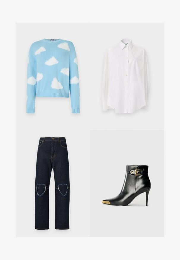 Pull tricot bleu clair avec des motifs de nuages blancs duveteux dispersés sur le devant, les manches et les épaules, avec un col rond.; Chemise blanche à manches longues en tissu léger, dotée d'un col classique, d'une fermeture à boutons et d'une poche en forme de cœur sur le côté gauche.; Jean en denim bleu foncé avec jambes droites et patchs en forme de cœur usés sur les deux genoux.; Bottine noire en cuir brillant, avec un bout pointu, un talon aiguille, et des accessoires dorés ornés d'une boucle décorative.