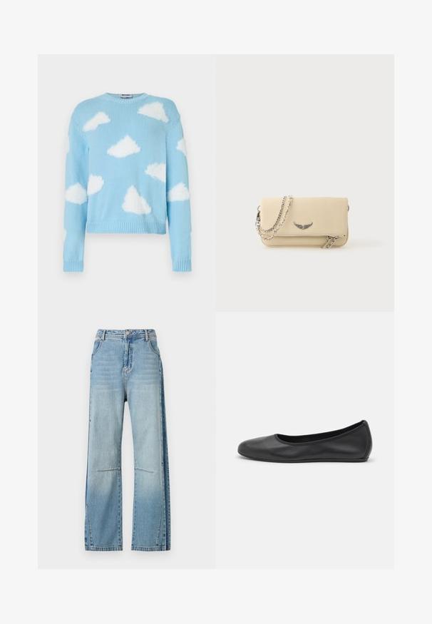 Pull tricot bleu clair avec des motifs de nuages blancs duveteux dispersés sur le devant, les manches et les épaules, avec un col rond.; Jean large en denim bleu clair, avec une taille haute, des surpiqûres contrastantes, un détail de poche avant, et des ourlets fendus aux chevilles.; Ballerines en cuir noir avec un bout rond, texture lisse, détails de couture minimalistes et design de semelle flexible.; Pochette en cuir couleur crème avec emblème d’aile argentée, double fermeture éclair et bandoulière chaîne argentée sur fond blanc uni.