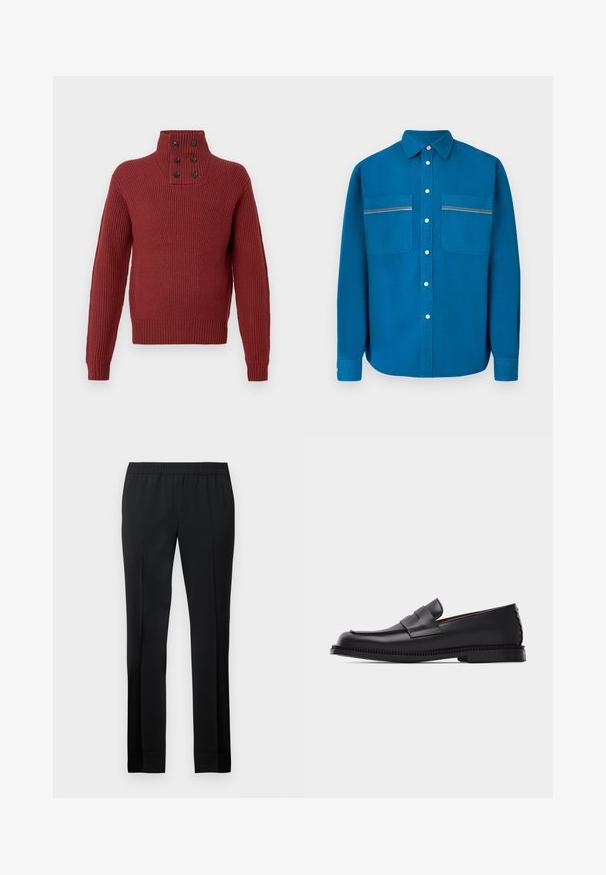 Pull en tricot bordeaux à col montant, avec quatre boutons noirs au niveau du cou et une texture côtelée sur les manches et le corps.; Chemise à manches longues boutonnée en coton bleu vif. Comprend deux poches avant avec des surpiqûres contrastées et un col classique.; Pantalon noir avec une taille élastique, jambes droites et une texture lisse. Présente des lignes épurées et ne comporte pas de poches visibles ni d'ornementations.; Mocassin penny en cuir noir avec un petit talon, un bout arrondi et une bride décorative sur le dessus, posé sur un fond clair uni.