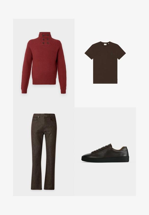 Pull en tricot bordeaux à col montant, avec quatre boutons noirs au niveau du cou et une texture côtelée sur les manches et le corps.; T-shirt marron foncé à manches courtes et col rond avec un petit texte bleu "II" sur la poitrine gauche et une étiquette cousue au col.; Jean en denim marron foncé coupe droite avec poches avant, passants de ceinture et fermeture à bouton présenté sur fond uni.; Baskets basses en cuir marron foncé avec semelle en caoutchouc noire, lacets à l'avant et design minimaliste épuré sur fond clair.