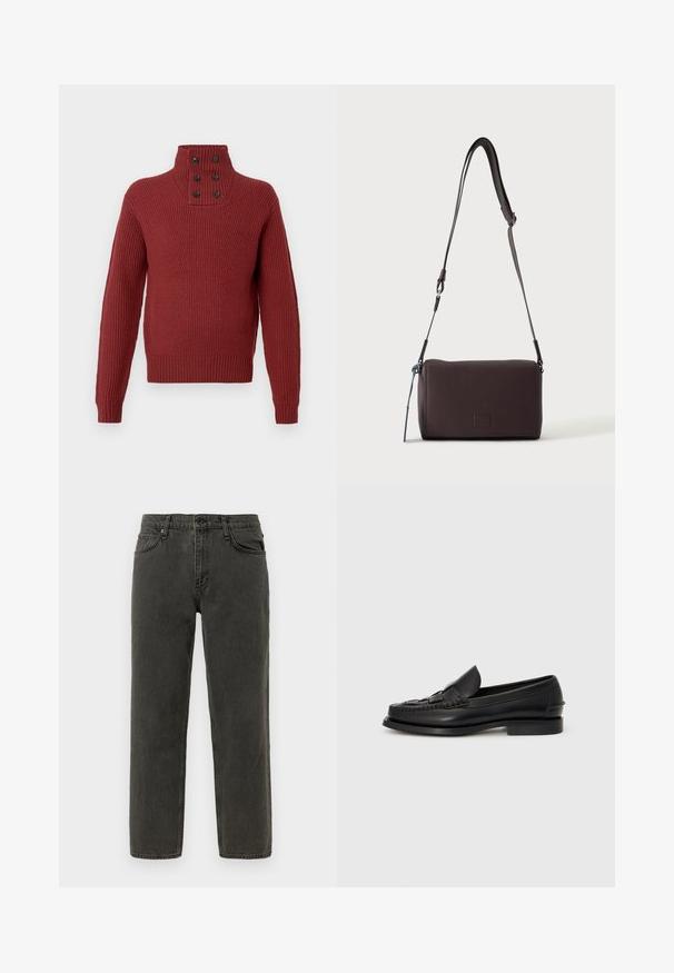 Pull en tricot bordeaux à col montant, avec quatre boutons noirs au niveau du cou et une texture côtelée sur les manches et le corps.; Jean en denim noir droit avec fermeture à bouton et à zip, poches avant et arrière, et passants de ceinture.; Mocassin en cuir noir avec un détail tissé à l'avant, bout arrondi et petit talon. Texture lisse et design minimaliste.; Sac bandoulière en cuir marron foncé texturé avec une sangle réglable et un petit accent décoratif bleu sur le côté.