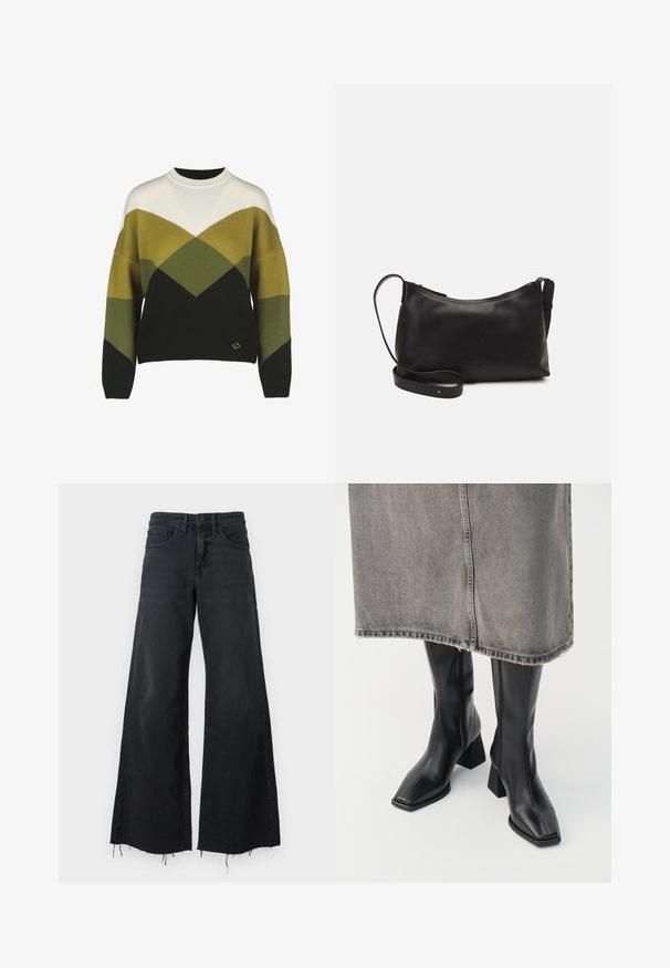 Trøje med et geometrisk mønster i mørkegrøn, lysegrøn, hvid og sort. Har en rund hals og ribbede manchetter. Blødt strikket materiale.; Good American GOOD EASE RELAXED - Wide leg - black; Sorte knæhøje støvler i glat læder med firkantet tå og blokeret hæl. Båret med en grå denimnederdel med flosset kant.; Sort læder skuldertaske med en glat tekstur, buet form, justerbar rem og lynlås. Minimalistisk design uden udsmykninger.