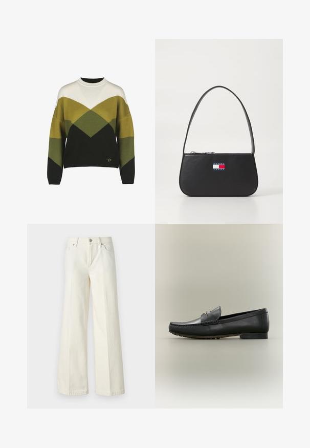 Trøje med et geometrisk mønster i mørkegrøn, lysegrøn, hvid og sort. Har en rund hals og ribbede manchetter. Blødt strikket materiale.; Videbenede hvide jeans lavet af en blanding af bomuldsstof. Har en lynlås i fronten, fem lommer og syninger langs sømmene.; Sort læderloafer med mokkasyning, lav hæl og guldfarvet metaldetalje på remmen, vist i profil på beige baggrund.; Sorte læderhandtaske med en buet form, kort hank og lynlåslukning. Har et multicolor logo patch på forsiden.